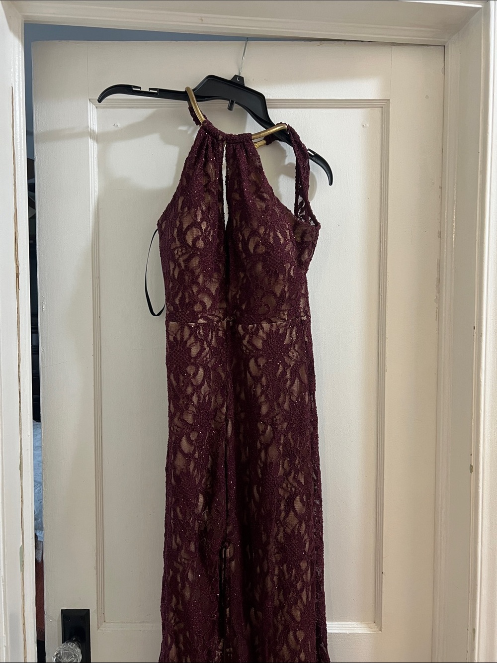 B Darlin Halter Lace Maxi Dress in Burgundy